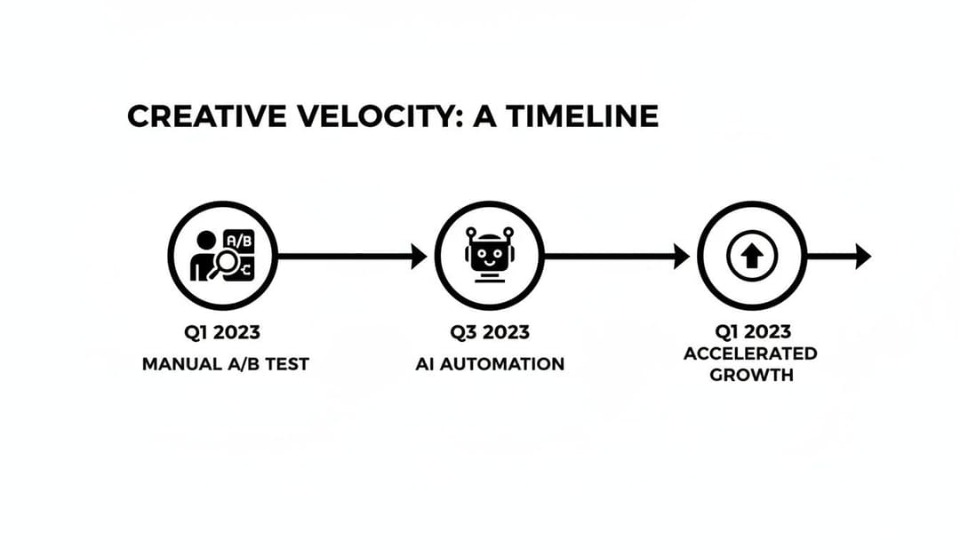 Timeline illustrating creative velocity, moving from manual A/B testing to AI automation for accelerated growth.