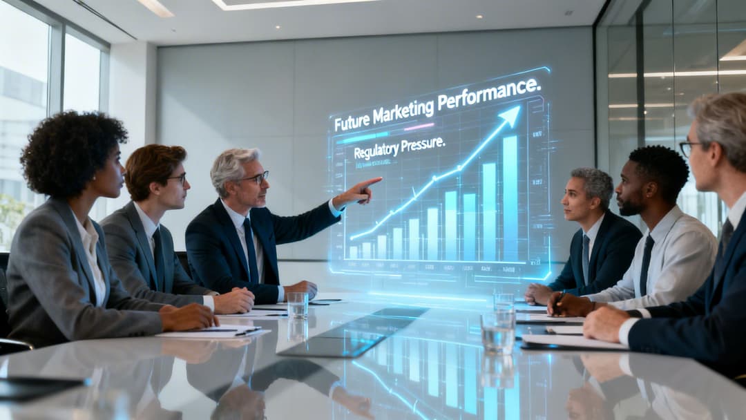 A professional business team in a modern conference room discussing projected marketing performance using a glowing holographic display.