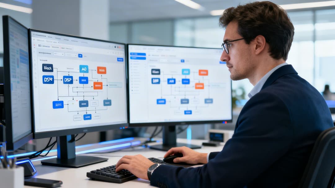A professional man in a suit works on digital advertising flowcharts on dual computer screens in an office.