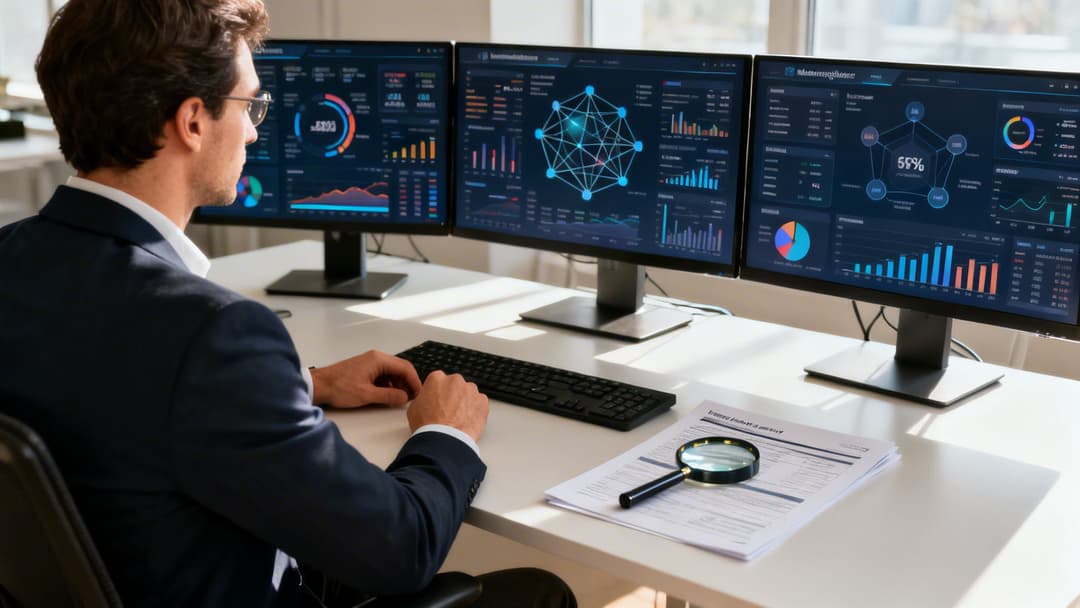 A professional man in a suit working on multiple computer screens displaying complex data analytics and charts.