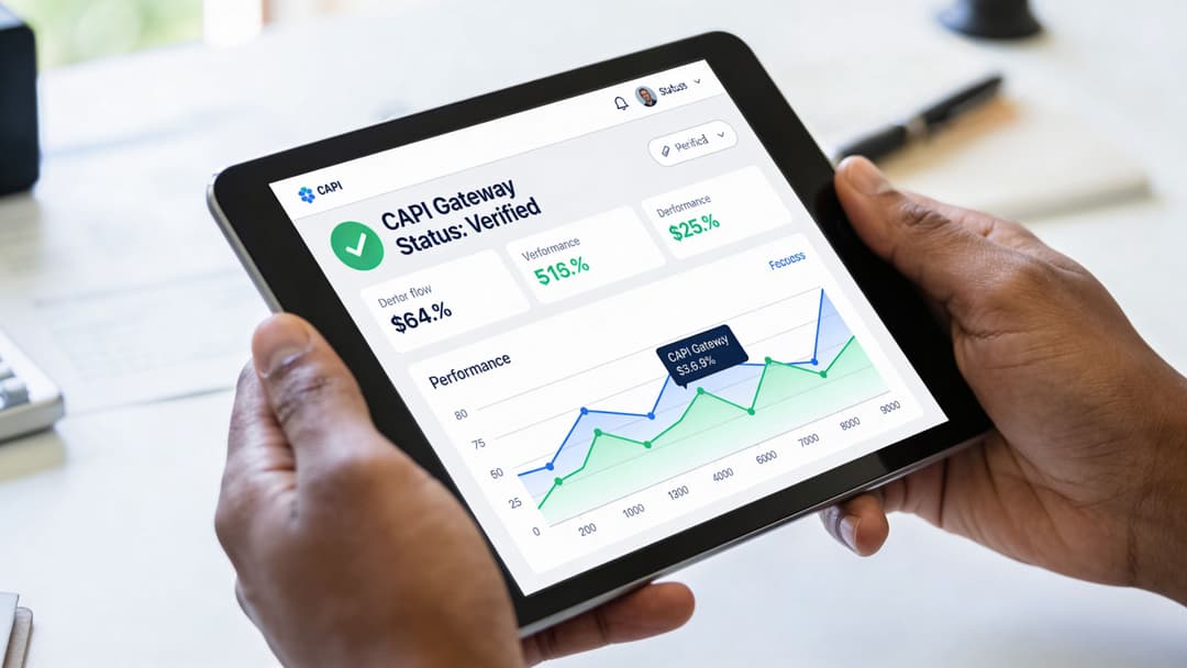 A person holding a tablet displaying a CAPI gateway dashboard with performance analytics and verified status.