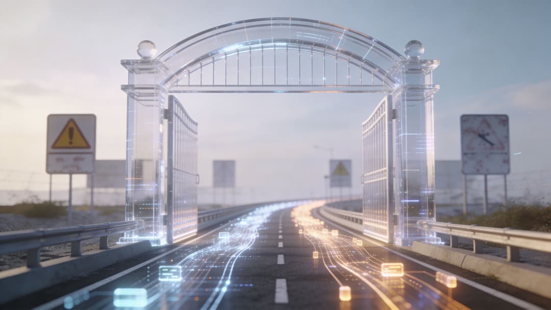 A digital gateway on a highway with streaming data lines representing a conversion API portal concept.