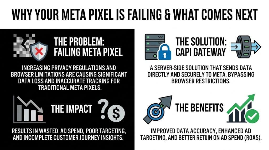 An infographic explaining why Meta Pixels are failing and how CAPI Gateways provide a better solution.