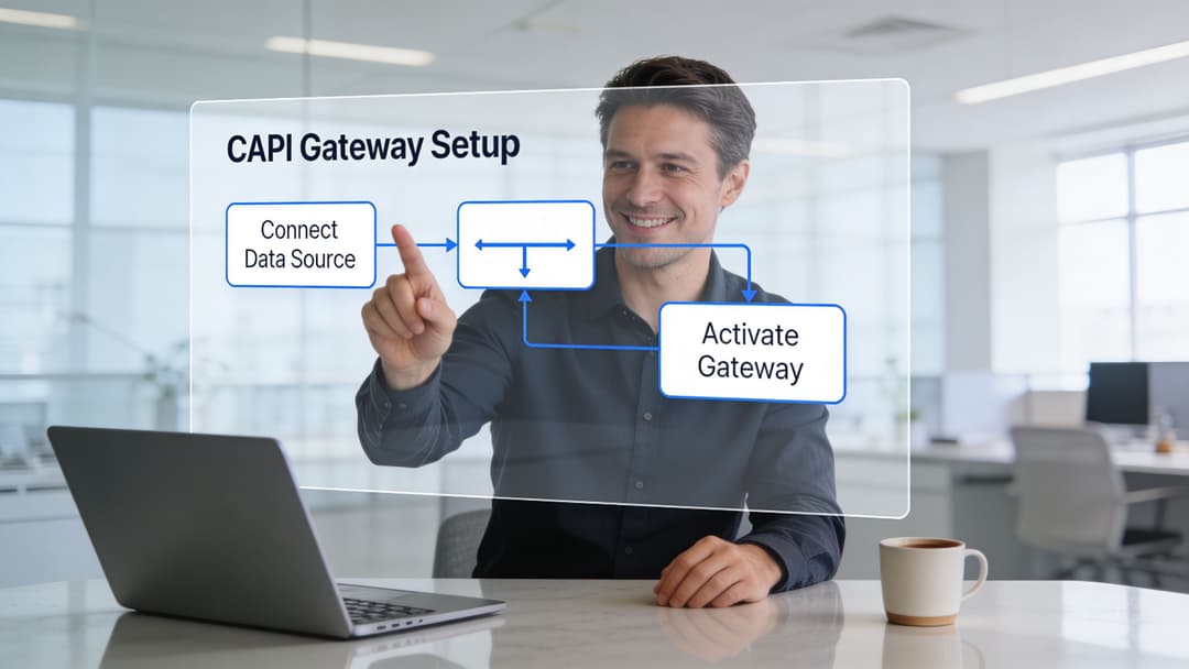 A professional man interacting with a digital CAPI Gateway setup flow diagram on a transparent screen.