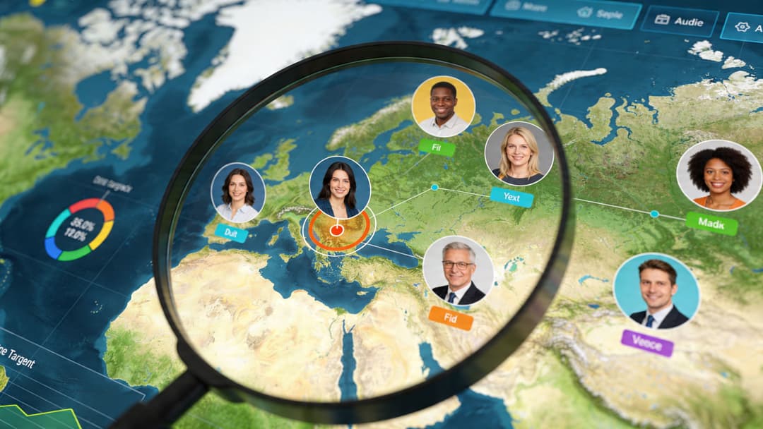 A magnifying glass focusing on a digital world map featuring various headshot icons connected by lines.