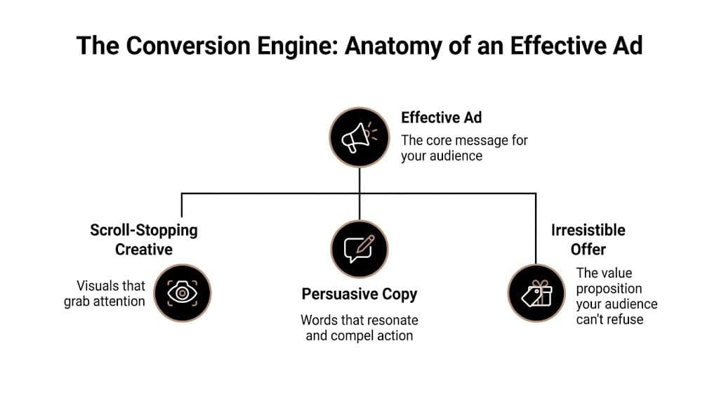 A diagram titled The Conversion Engine showing how creative, copy, and offers make an effective ad.