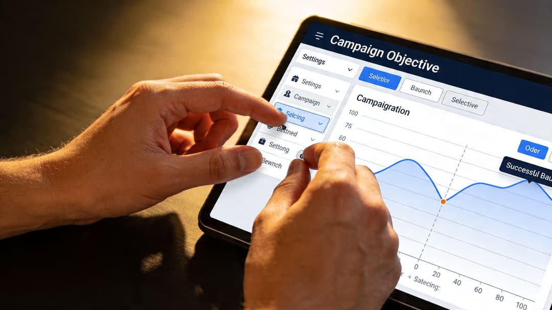 A person uses their fingers to interact with a digital dashboard on a tablet screen showing marketing data.