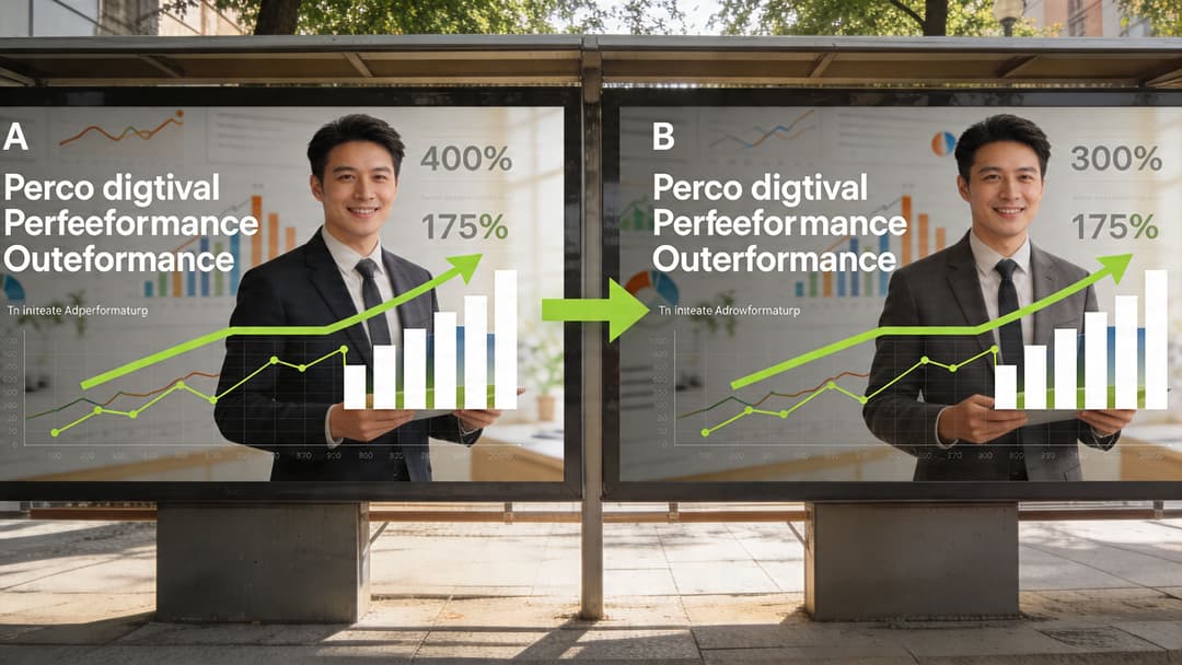 A split-screen comparison of two advertising billboards showcasing business performance growth statistics and a professional businessman.