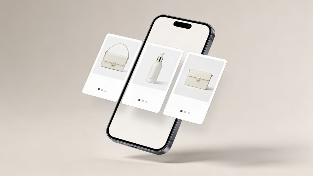 A modern smartphone mockup floating in front of three product cards displaying luxury bags and skincare.