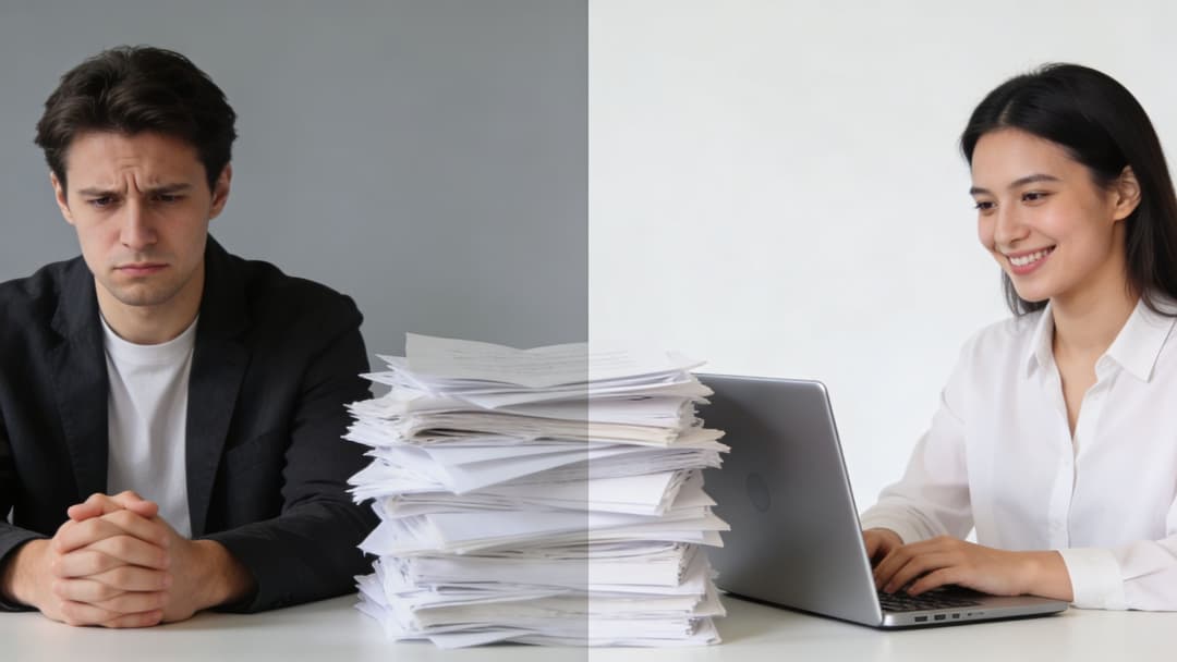 A split screen showing a stressed man with a paper pile versus a happy woman working digitally.
