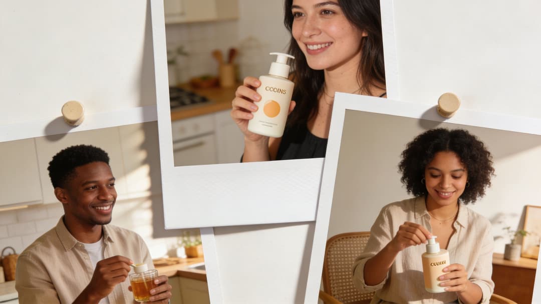 Collage of photos featuring people posing with CCOINS skincare product bottles in a bright home kitchen
