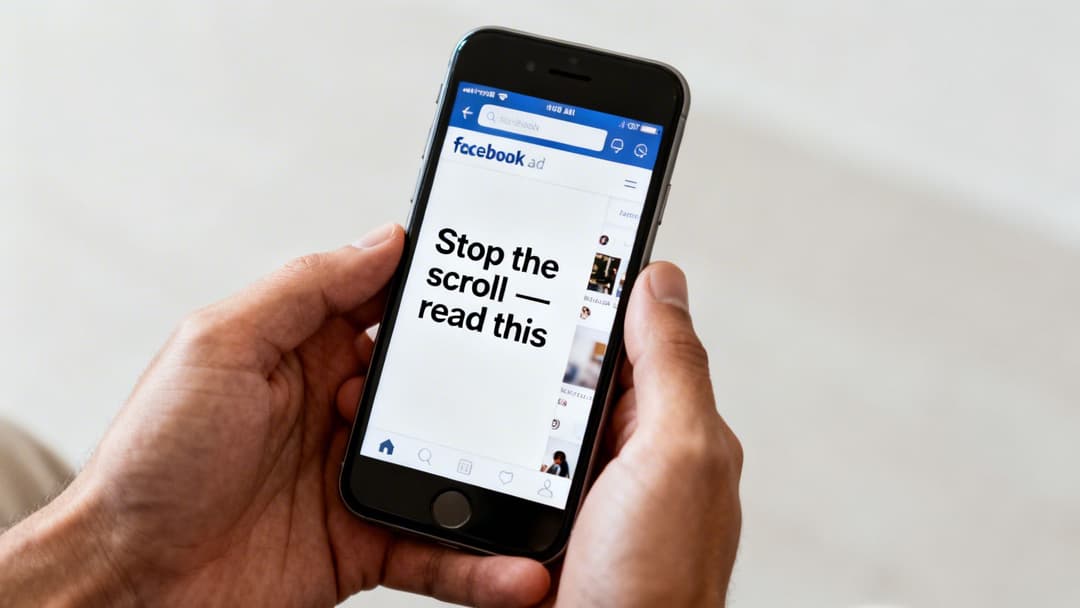 A person holds a smartphone displaying a Facebook ad with the text 'Stop the scroll — read this'.