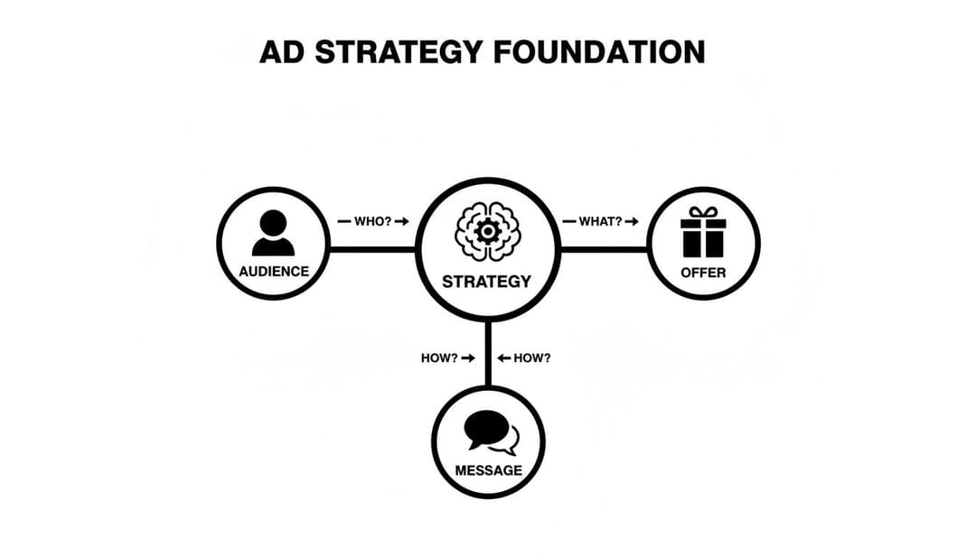 A foundational ad strategy diagram connecting audience, offer, and message to a central strategy.