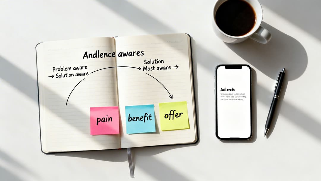 Marketing notebook showing audience awareness stages, pain, benefit, and offer for ad strategy, with a phone and coffee.