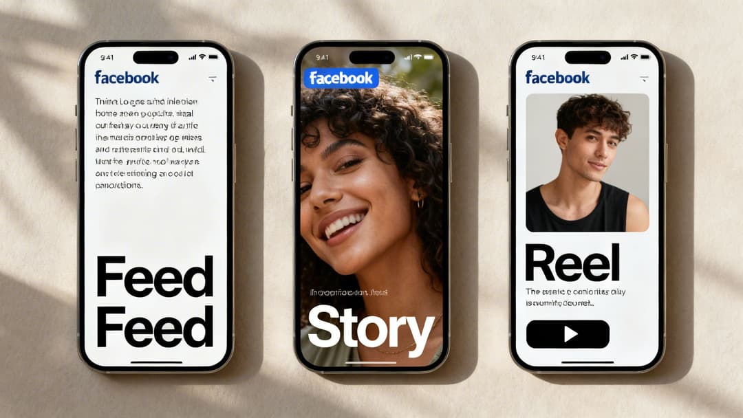 Three iPhones displaying Facebook app screens for Feed, Story, and Reel features.