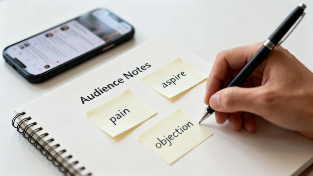 A hand writes in a notebook titled 'Audience Notes' with sticky notes 'pain,' 'aspire,' 'objection.' A phone is nearby.
