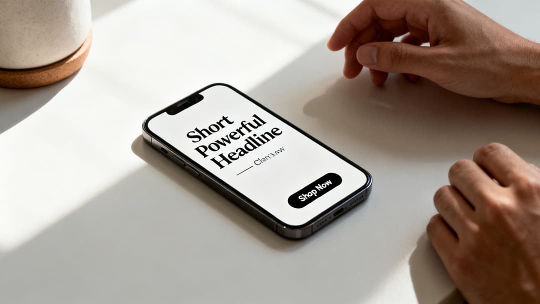 A person's hands near a smartphone displaying a 'Shop Now' button on a white table with a cup.