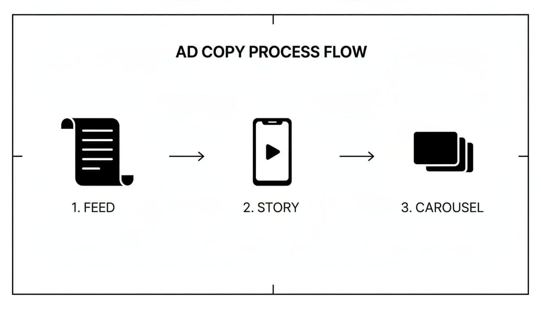 Flowchart illustrating the ad copy process from feed (document) to story (mobile video) to carousel (stacked images).