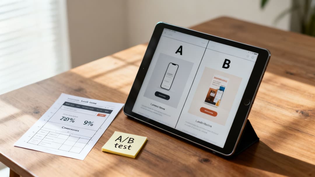 A tablet displays an A/B test on a wooden table, with conversion rates document and sticky note.