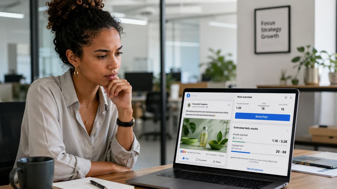 A woman looks at a laptop screen displaying Facebook ad insights for a social media post.
