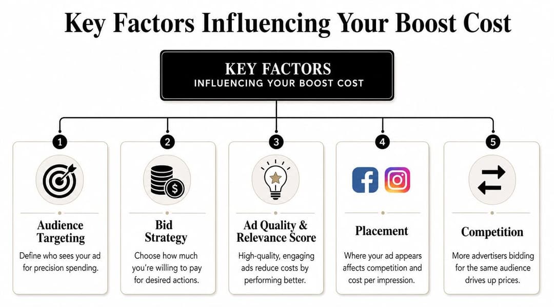 An infographic showing five key factors that influence the cost of boosting a post on social media.