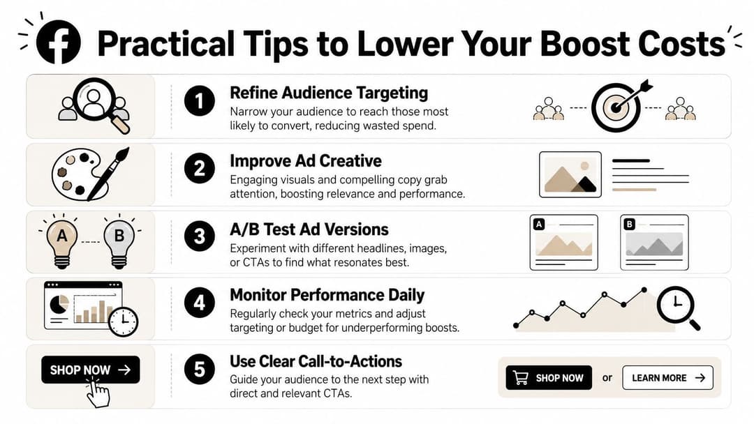 An infographic detailing five practical tips to effectively lower the cost of boosting Facebook posts.