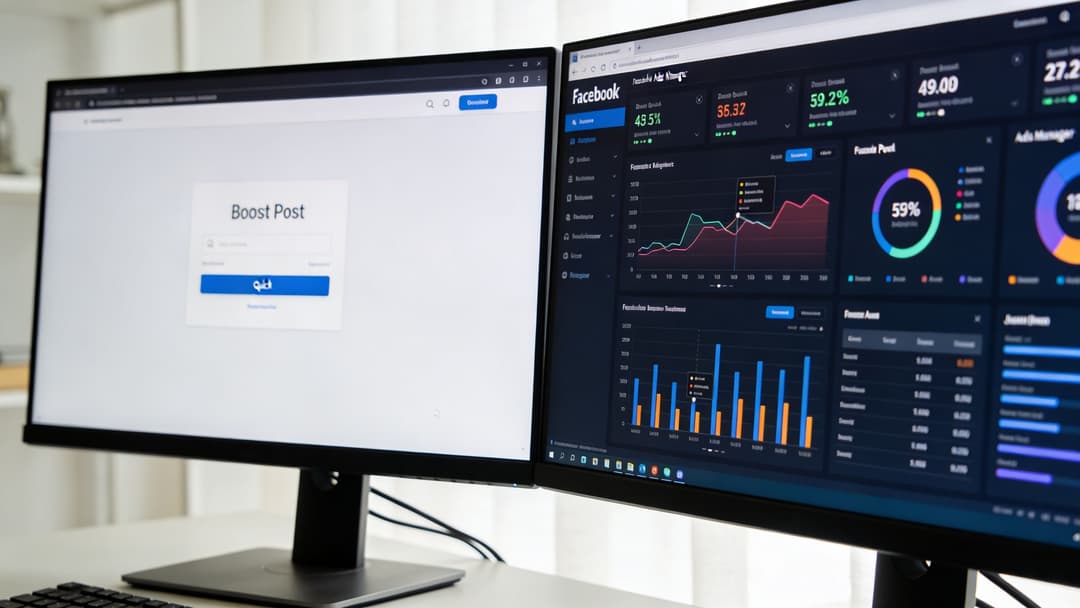 Two computer monitors displaying Facebook ad account analytics and a Boost Post interface for digital marketing.