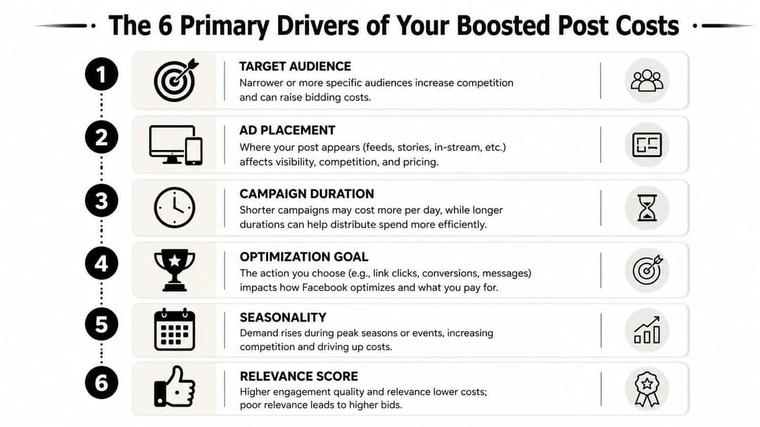 A list of the six primary factors that influence the total cost of boosting Facebook posts.