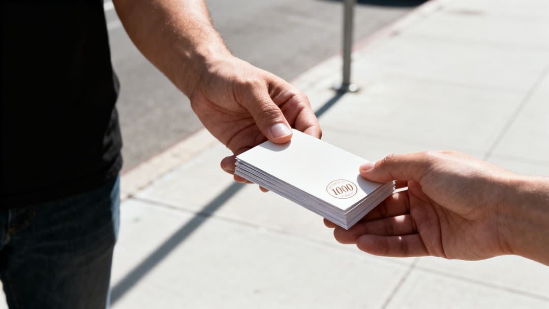 Close-up of two hands exchanging white business cards with a '1000' logo on a street.