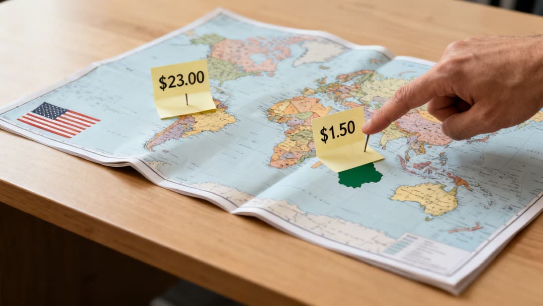 A hand pointing at a world map with price tags showing $23.00 and $1.50, highlighting cost differences.