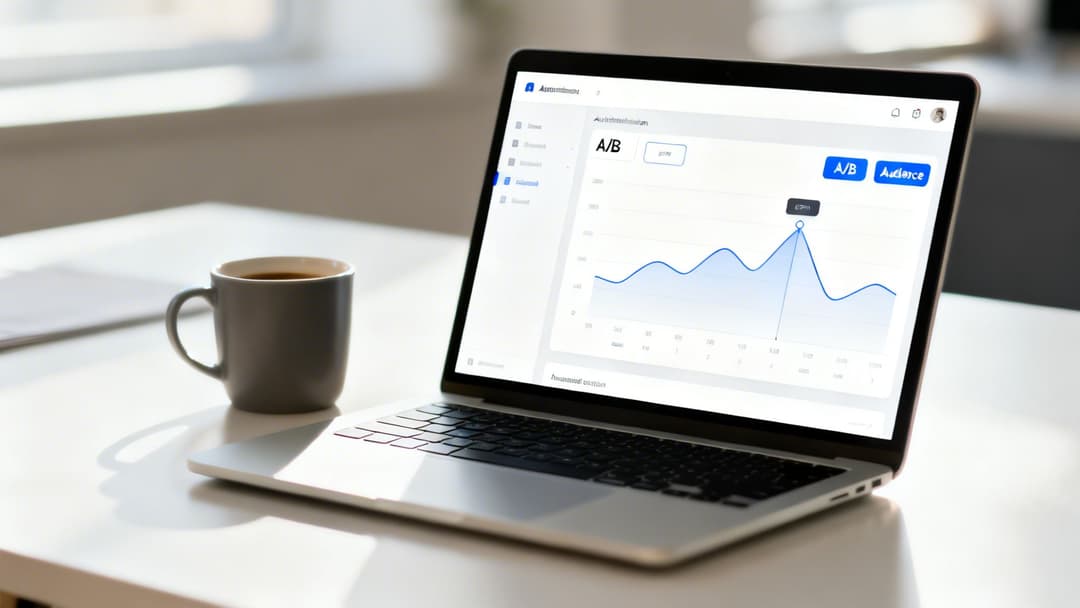 Silver laptop on white desk, screen shows an A/B testing analytics graph with a coffee cup.