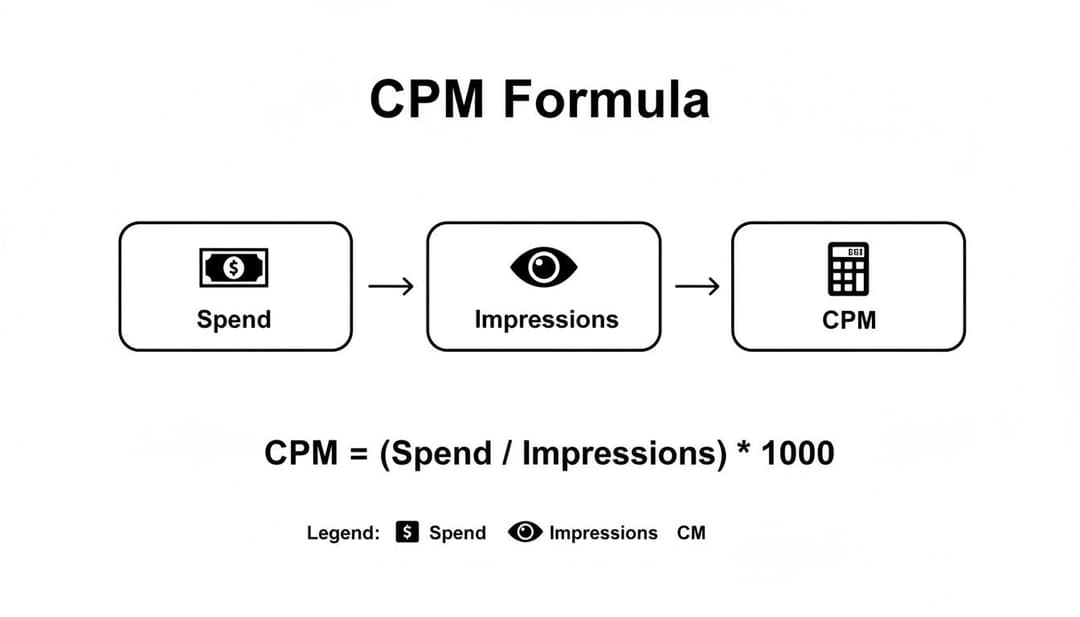 A diagram illustrating the CPM formula: CPM = (Spend / Impressions) * 1000.