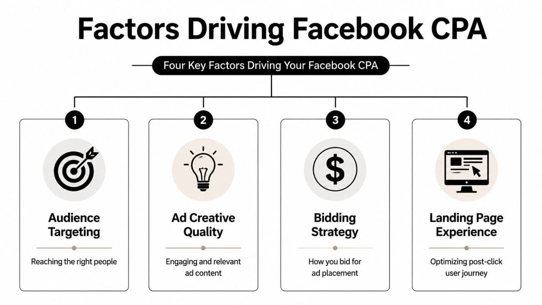 A diagram outlining the four key factors driving Facebook cost per acquisition: audience, creative, bidding, and landing pages.