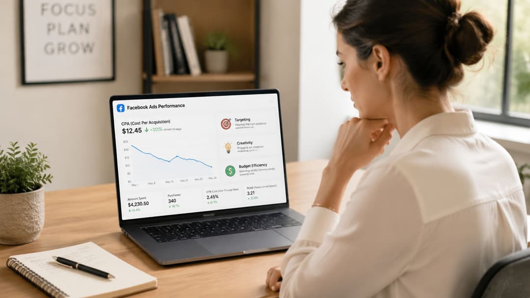 A businesswoman looking at a laptop screen displaying a Facebook Ads performance dashboard with performance metrics.