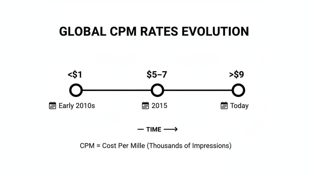 Timeline showing global CPM rates evolution: less than $1 (early 2010s), $5-7 (2015), over $9 (today).