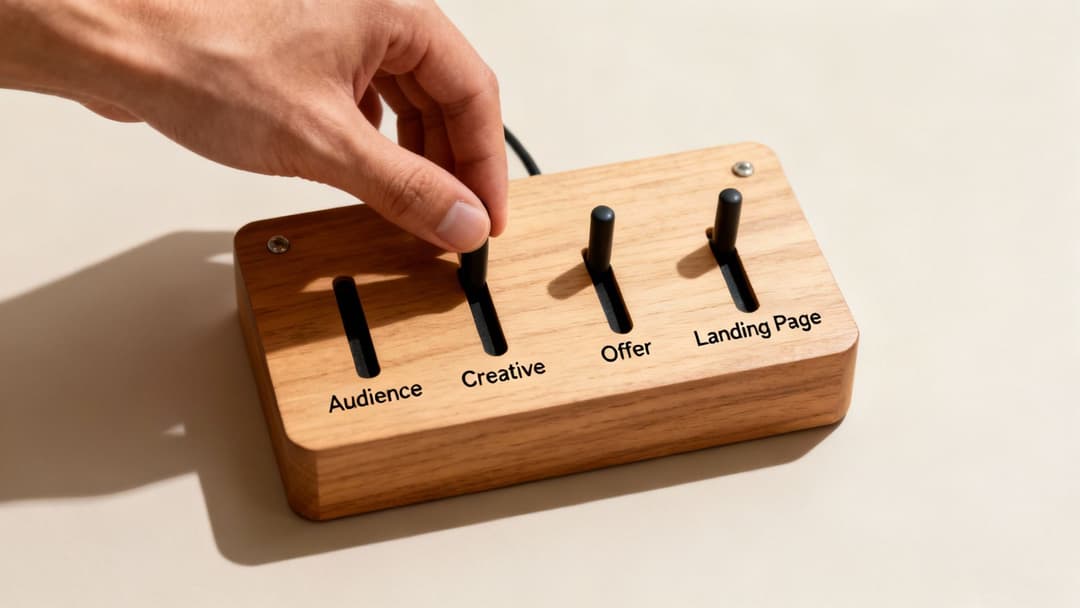 Hand adjusting a wooden control panel with levers for Audience, Creative, Offer, and Landing Page.