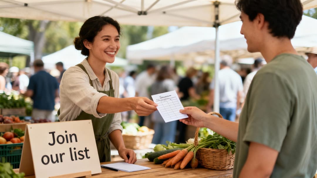 A smiling woman at a farmer's market stall hands a sign-up sheet to a male customer.