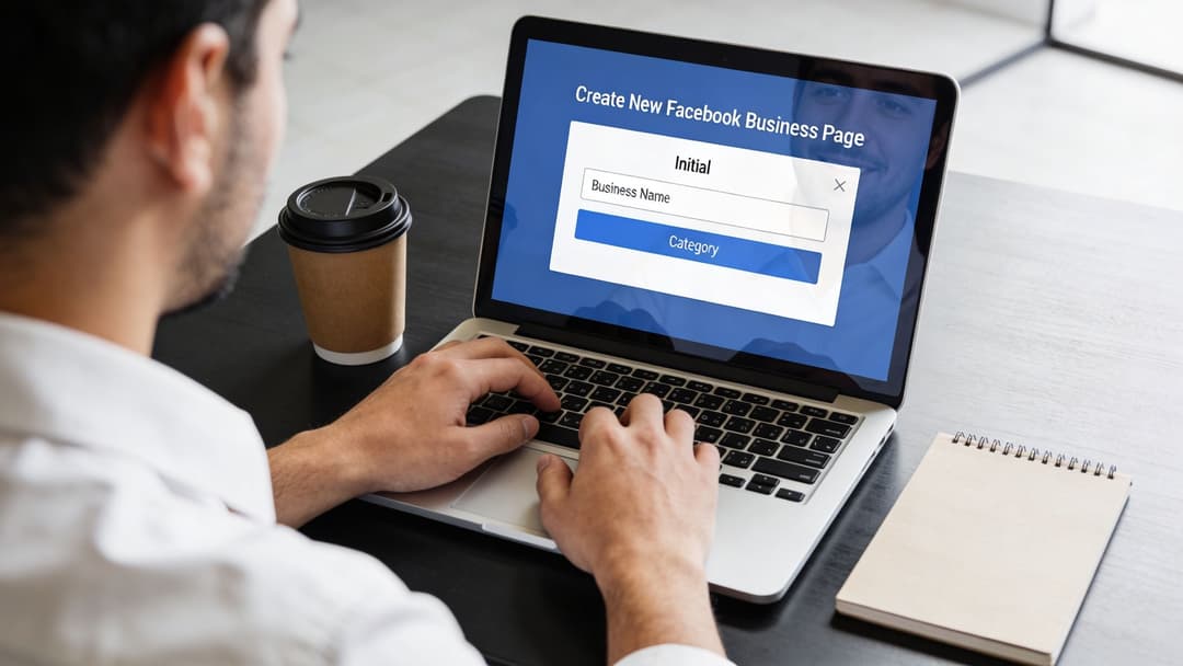 A person using a laptop to set up a new Facebook business page at a desk.