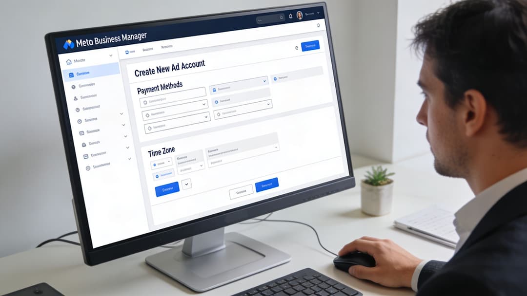 A professional man creating a new ad account within the Meta Business Manager interface on his computer.