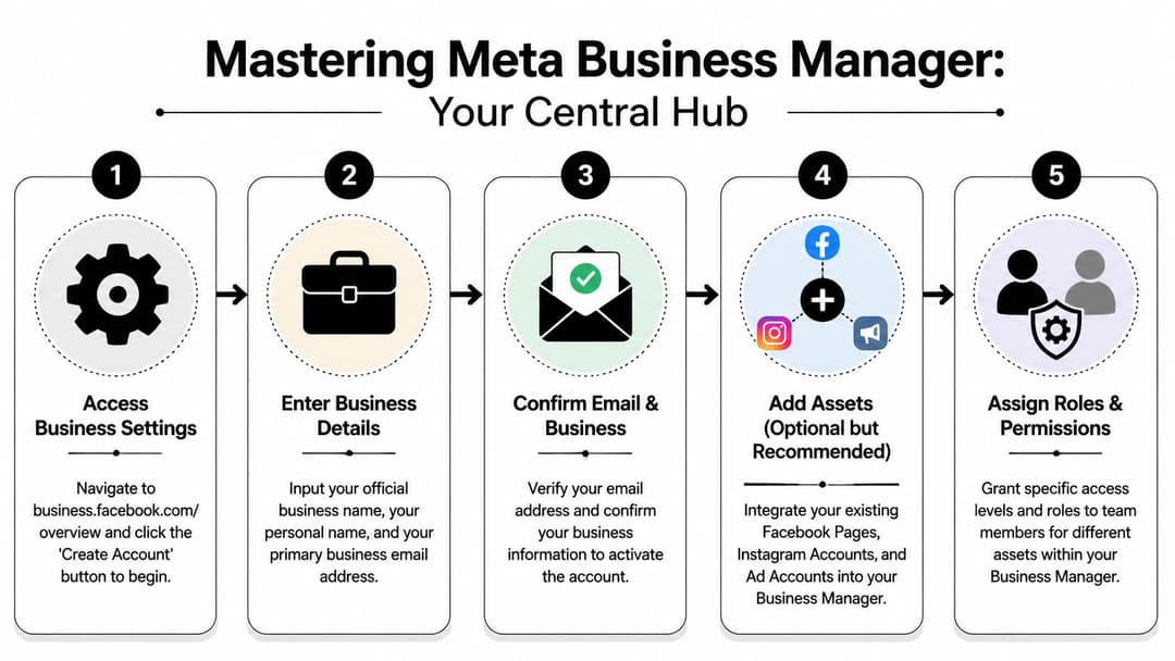 A five-step infographic showing how to create and set up a Meta Business Manager account for businesses.