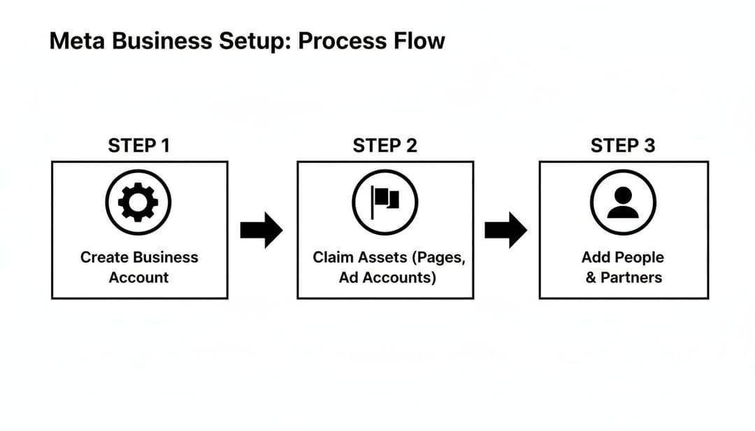A step-by-step process flow for Meta Business Setup, including creating account, claiming assets, and adding people.