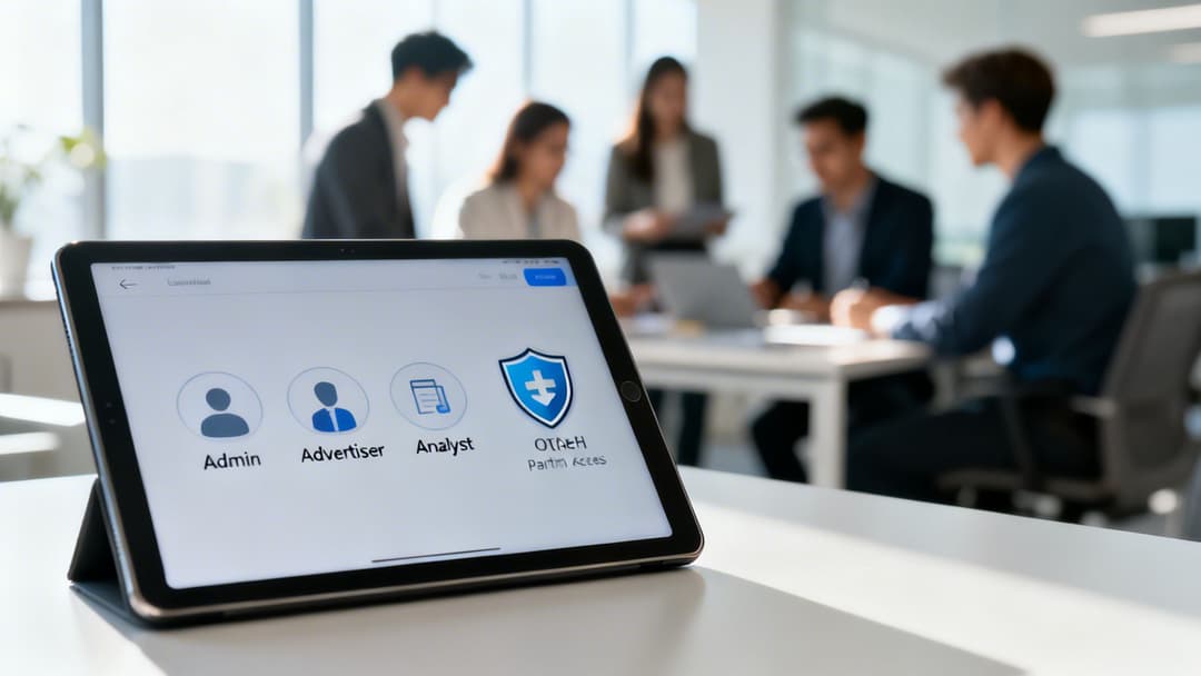 Tablet displaying user roles for access management in a modern office with blurred people meeting.