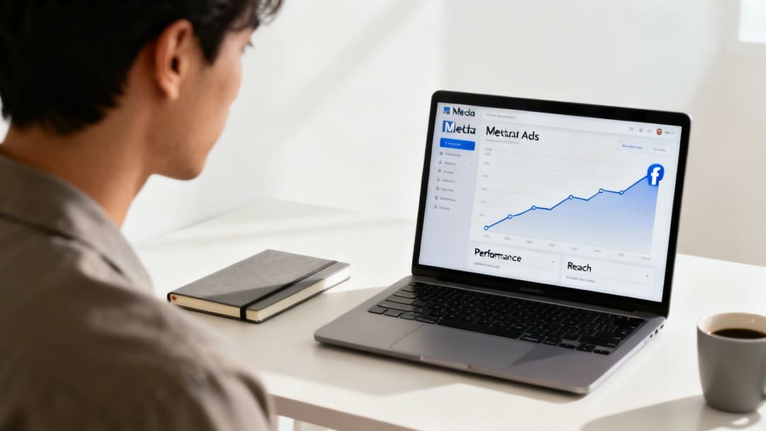 A man views a Metta Ads dashboard on a laptop, showing a rising Facebook ad performance graph.