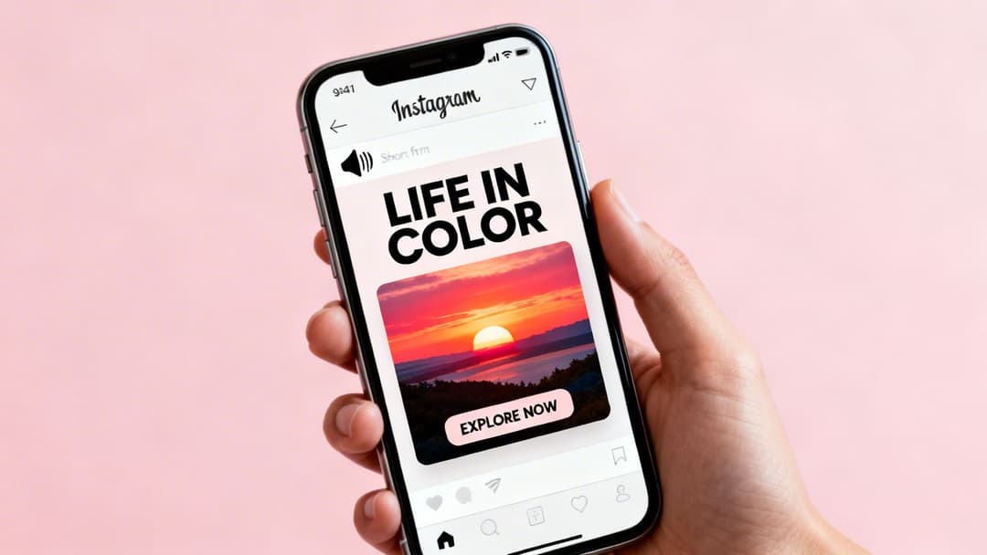 A hand holds a smartphone displaying an Instagram ad for 'LIFE IN COLOR' with a sunset image.