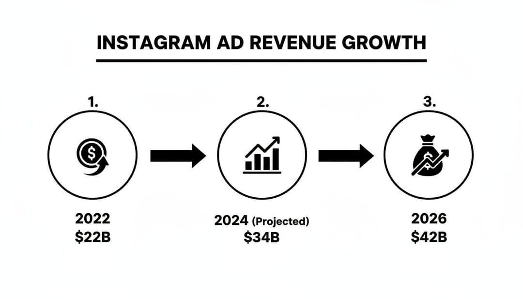 Instagram ad revenue growth chart showing figures for 2022, 2024 (projected), and 2026.