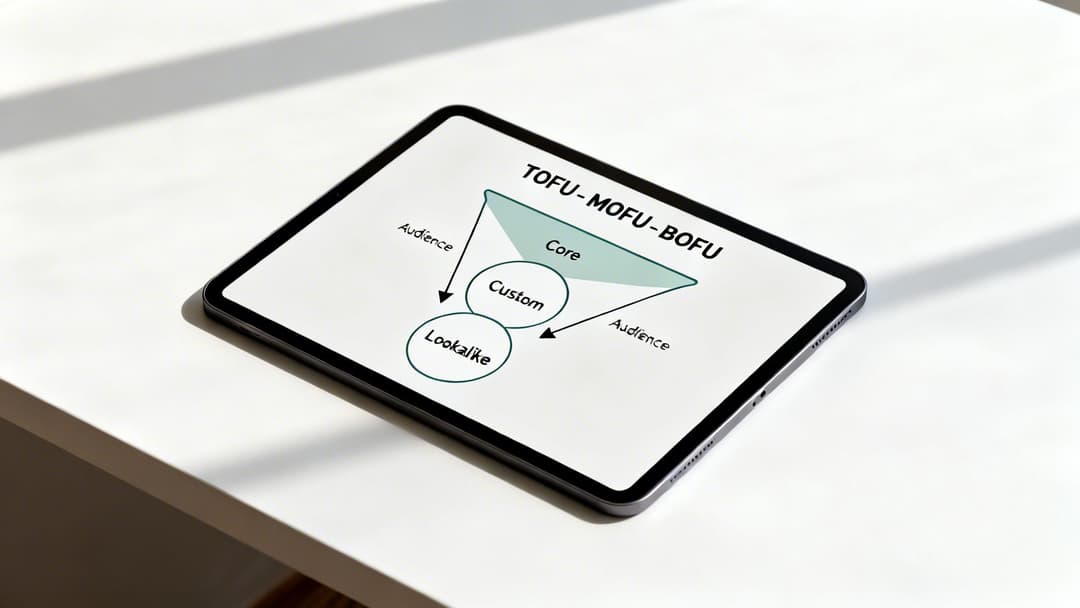 Tablet displaying a marketing funnel diagram with TOFU-MOFU-BOFU, Core, Custom, and Lookalike audience segmentation.