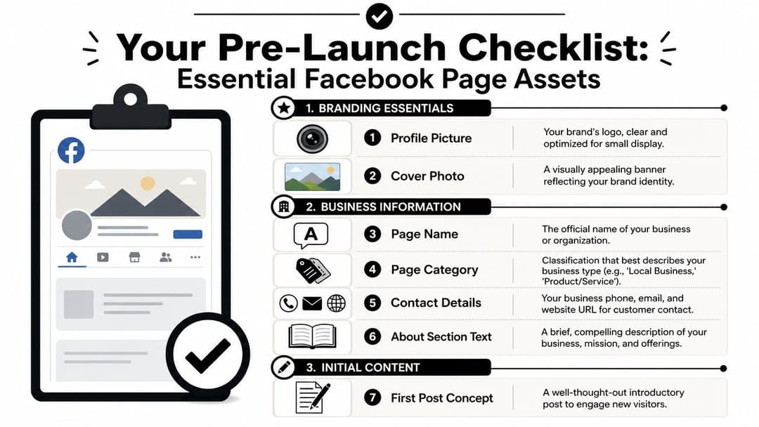 A checklist infographic titled Your Pre-Launch Checklist for essential Facebook business page assets and setup elements.