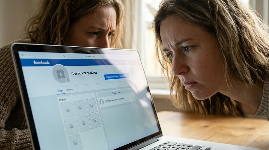 A concerned woman looks closely at a laptop screen displaying a Facebook business page setup interface.