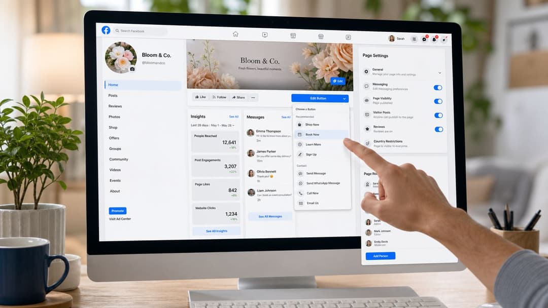 A computer screen showing the Facebook business page settings interface with a hand selecting the book now button.