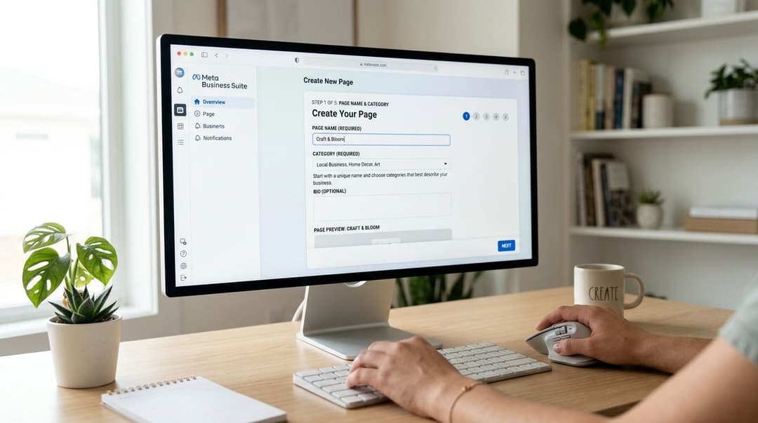 A person using a computer to set up a new Facebook business page in Meta Business Suite.